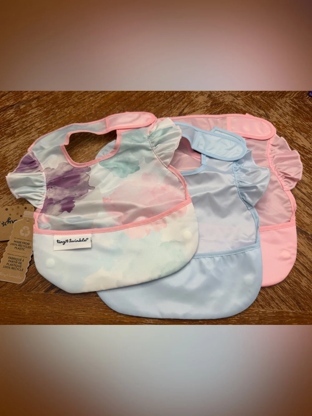 Tiny Twinkle Pastel Watercolor Ruffled Baby Bib - Pink, Blue, Purple